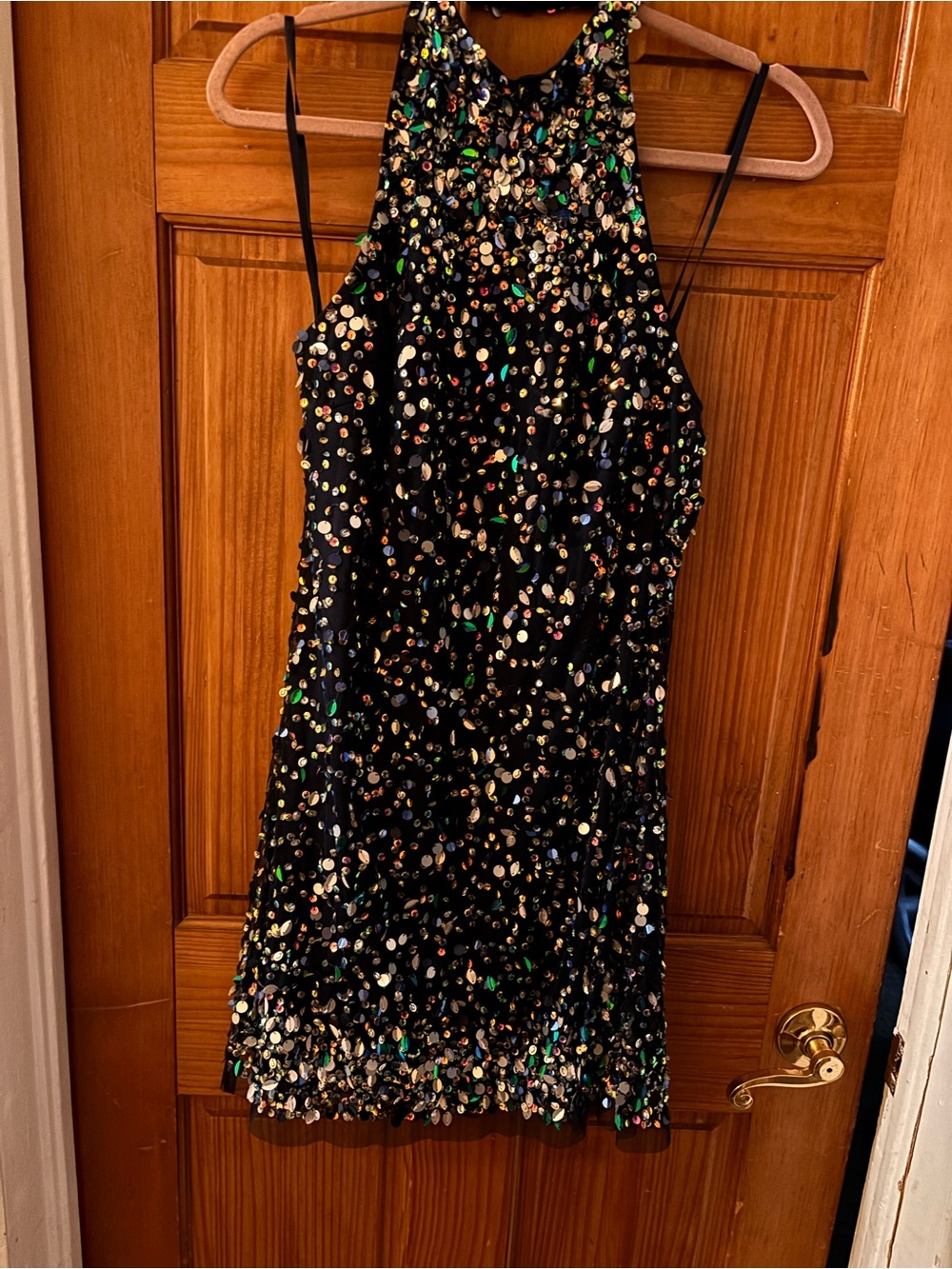 Aidan Mattox Navy Sequin Backless Halter Dress with Multicolor Accents